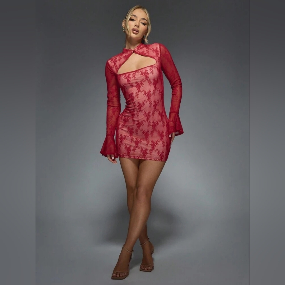 Missguided Lace Keyhole Long Bell Sleeve Bodycon Mini Dress Vamp Fairy